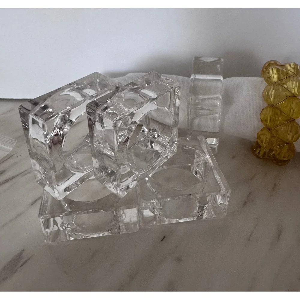 Set of 8 Napkin Rings Clear Square Acrylic and Beaded Amber Yellow Jewel Style‎